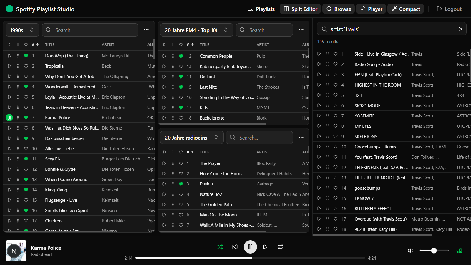 Split Editor - Edit multiple playlists side by side with drag and drop